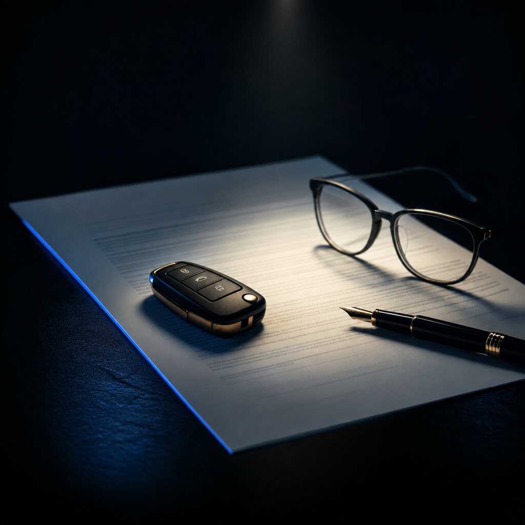 Contrato de compra, llave del coche y letra pequeña sobre una mesa iluminada